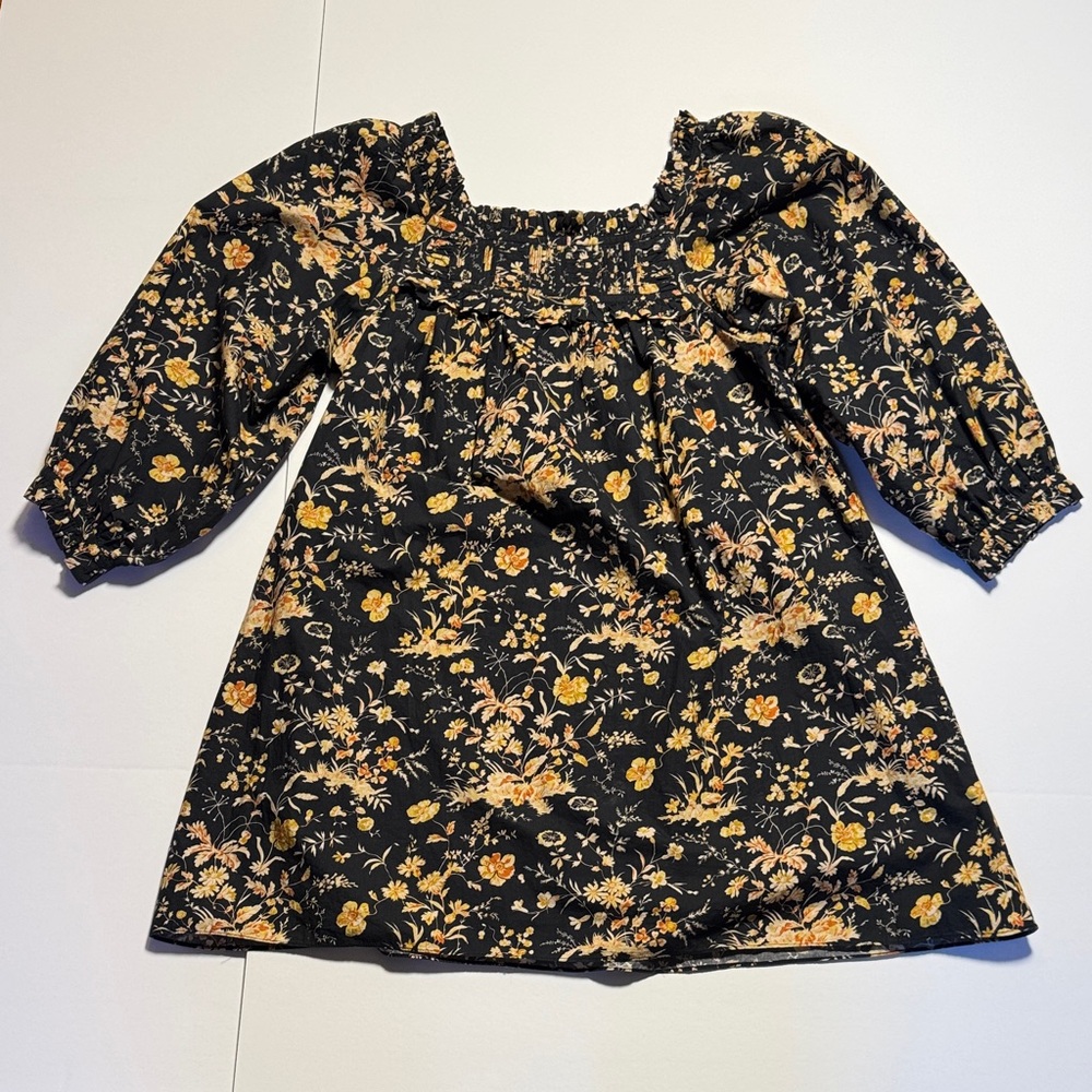 DÔEN Acton Baby Doll Mini Dress Navy Oaks Bluffs Floral Smocked Square Neck L - Picture 2 of 12